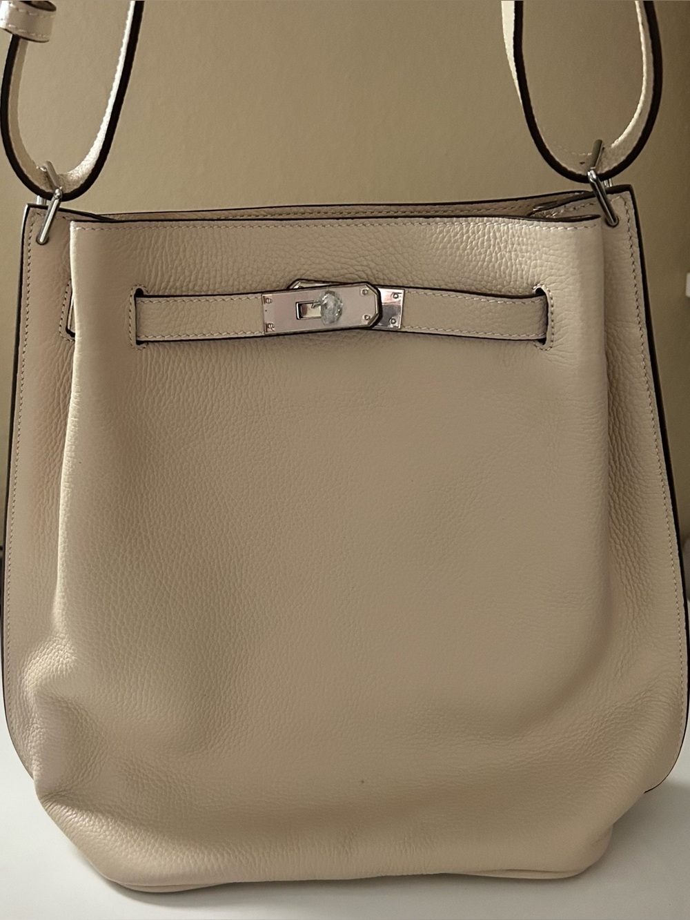 30cm Beige Belted Leather Tote / Bucket Bag